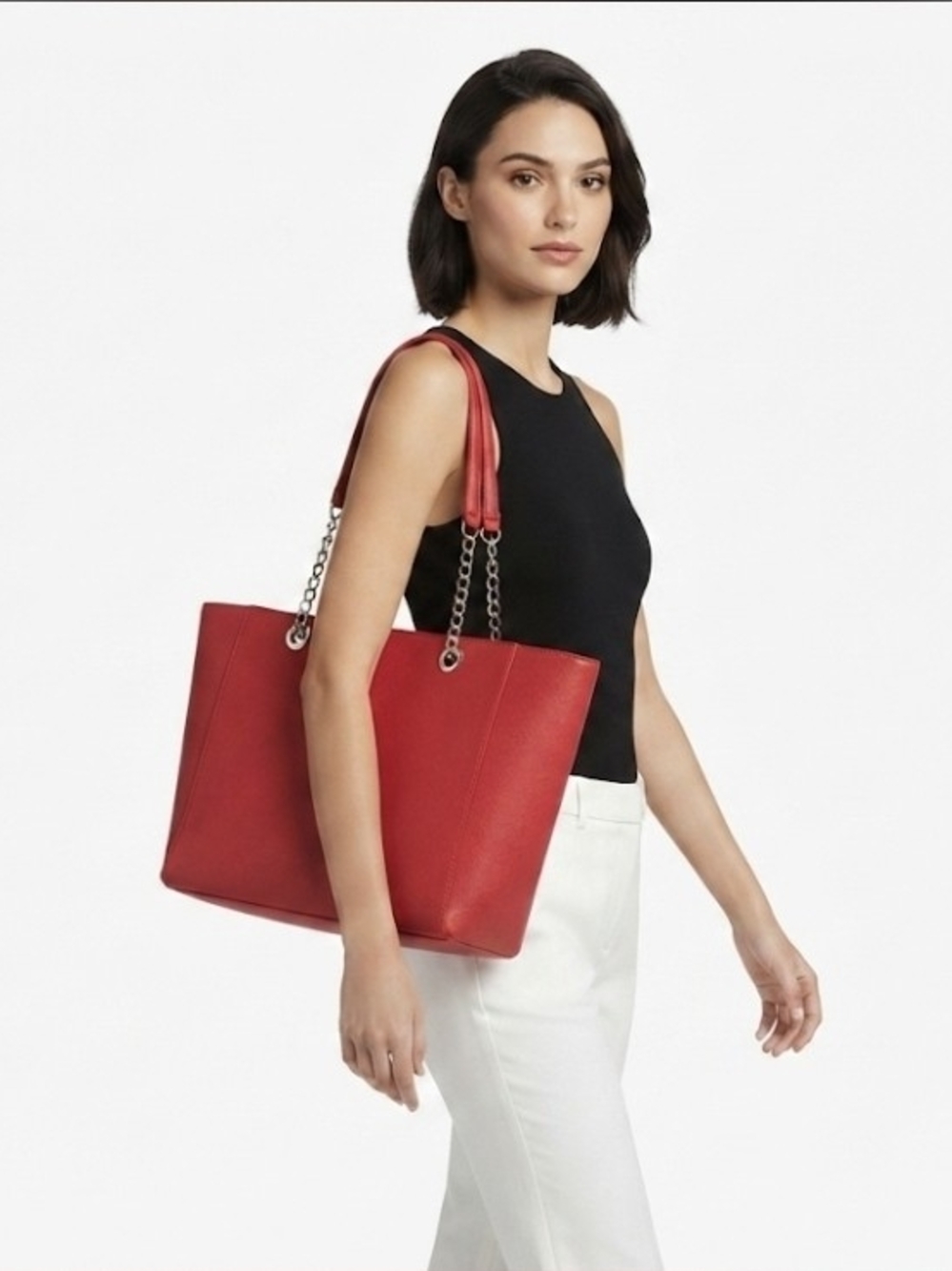 Red Leather Chain-Handle Tote Bag Signature
